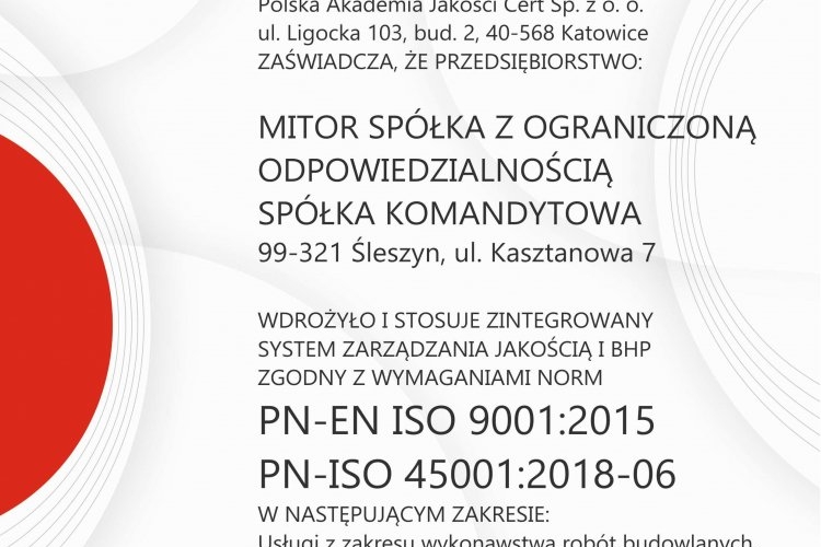 Certyfikat ISO Mitor Sp. z o.o. Sp. k.